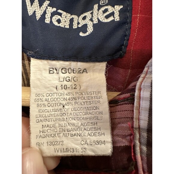Wrangler Boys L Shirt‎ Pearl Snap Red Brown Plaid Western Cowboy Stitched Pocket - Picture 4 of 10